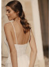 Beaded Spaghetti Straps Ivory Eyelash Lace Tulle Slit Wedding Dress